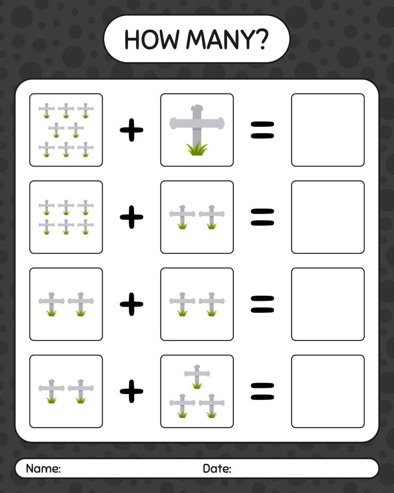 How many counting game with tombstone. worksheet for preschool kids, kids activity sheet vector