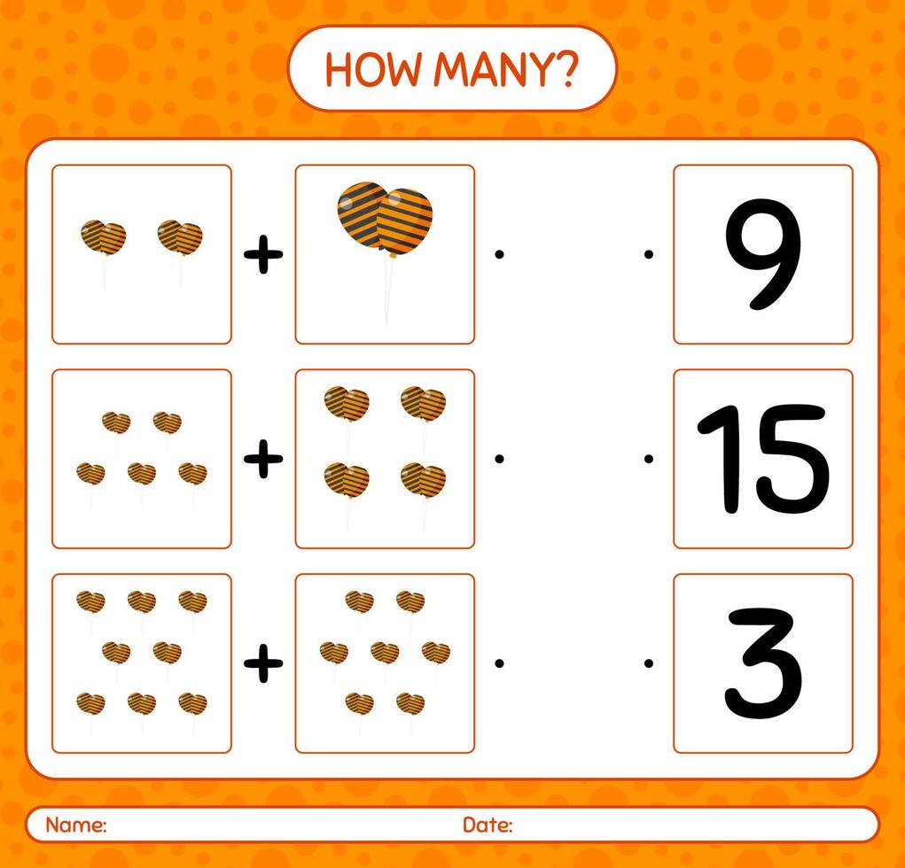 How many counting game with balloon. worksheet for preschool kids, kids activity sheet vector