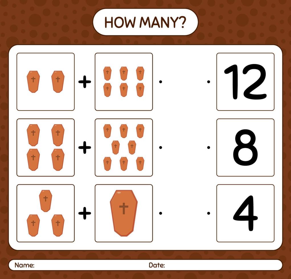 How many counting game with coffin. worksheet for preschool kids, kids activity sheet vector