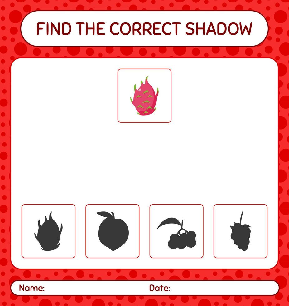 Find the correct shadows game with dragonfruit. worksheet for preschool kids, kids activity sheet vector