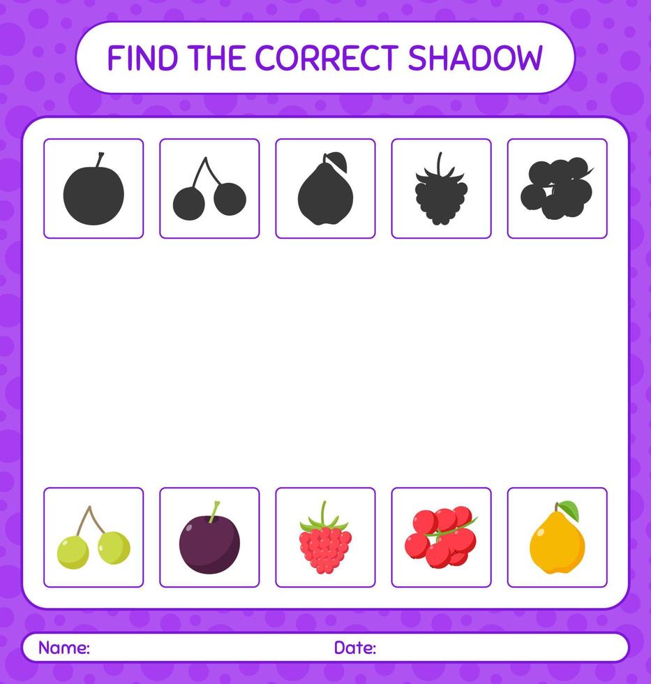 encuentra el juego de sombras correcto con frutas. hoja de trabajo para niños en edad preescolar, hoja de actividades para niños vector