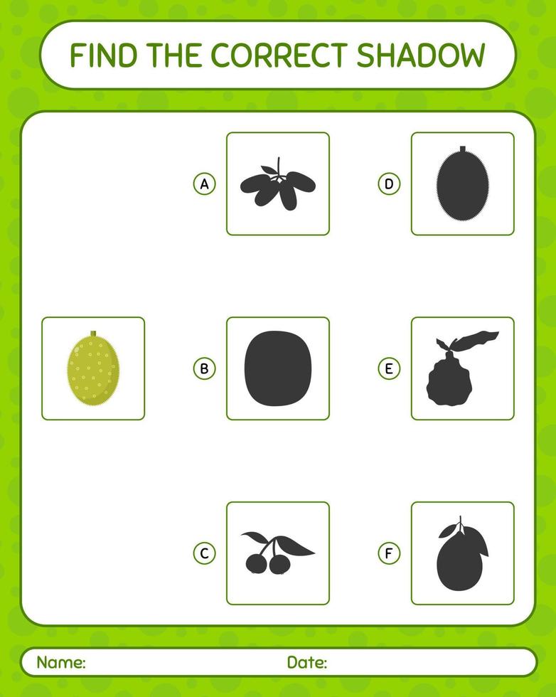 Find the correct shadows game with jackfruit. worksheet for preschool kids, kids activity sheet vector