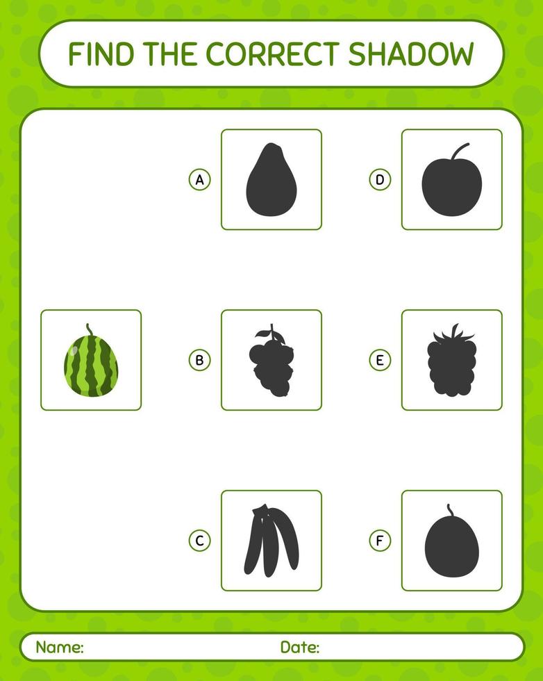 Find the correct shadows game with watermelon. worksheet for preschool kids, kids activity sheet vector