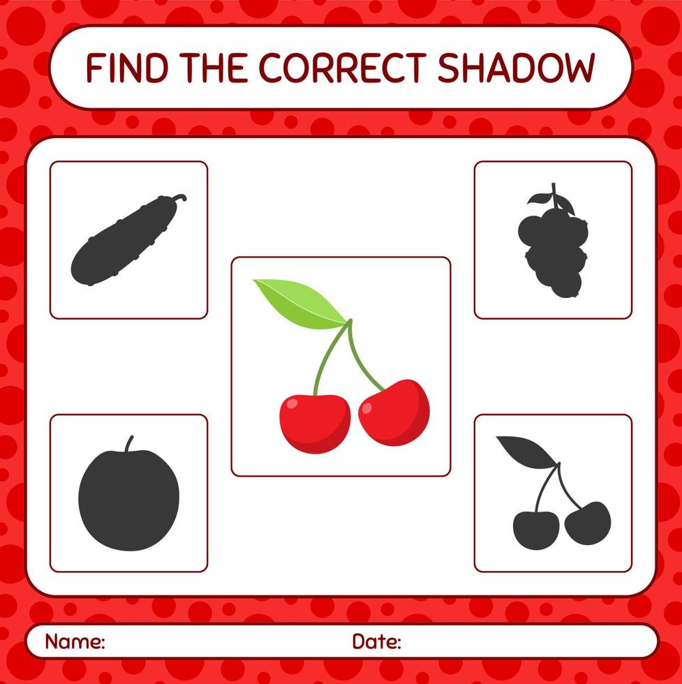 Find the correct shadows game with cherry. worksheet for preschool kids, kids activity sheet vector