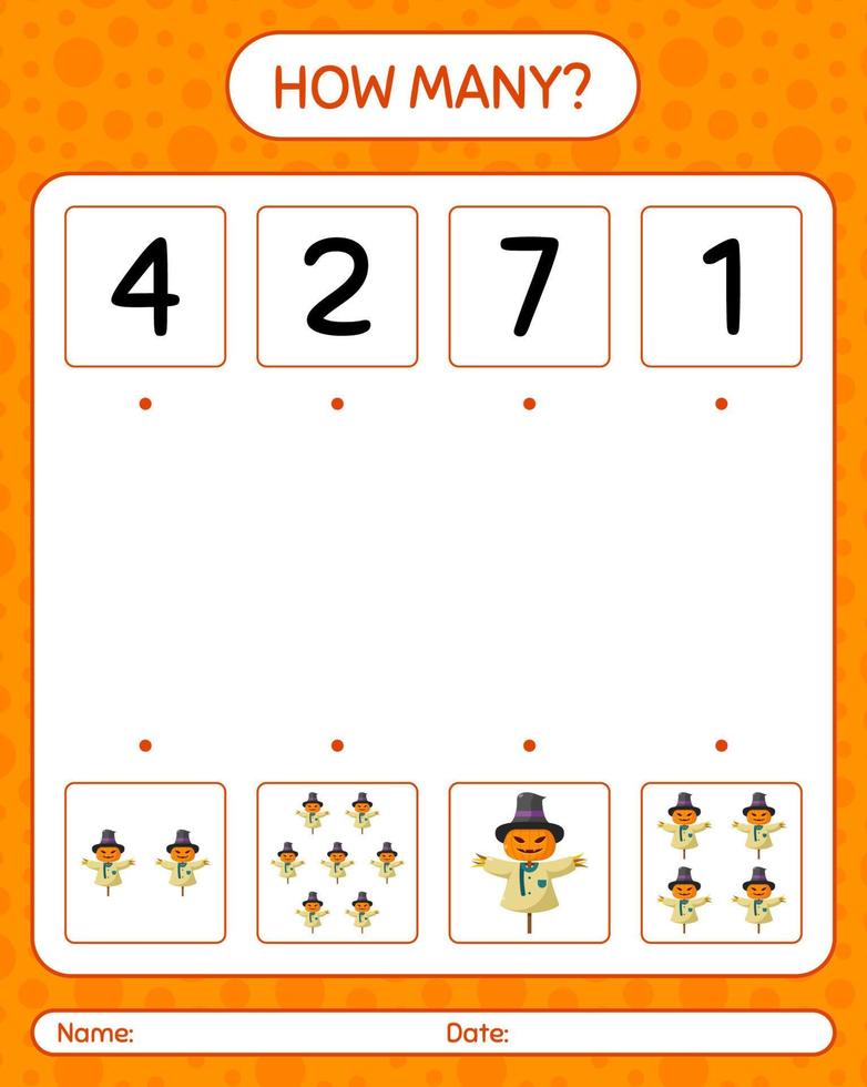 How many counting game with scarecrow. worksheet for preschool kids, kids activity sheet vector