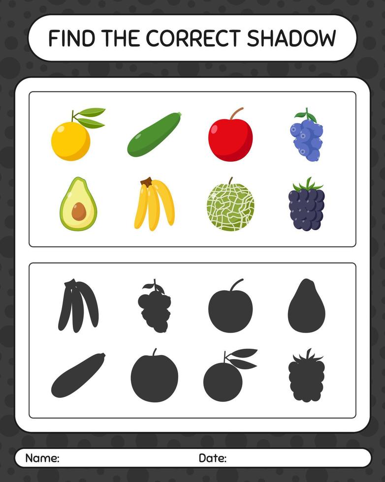 Find the correct shadows game with fruits. worksheet for preschool kids, kids activity sheet vector