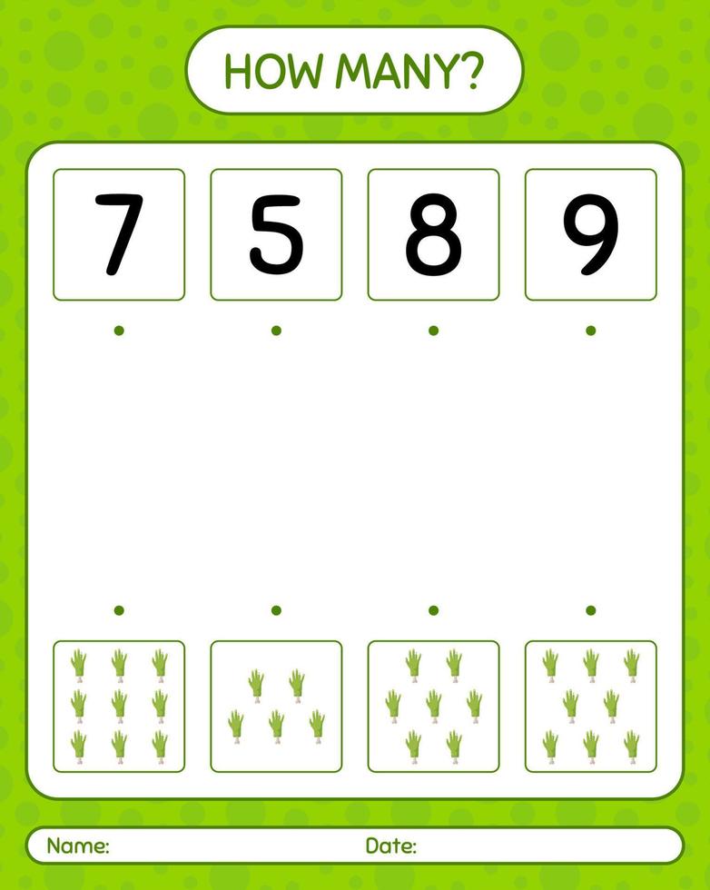 How many counting game with zombie's hand. worksheet for preschool kids, kids activity sheet vector