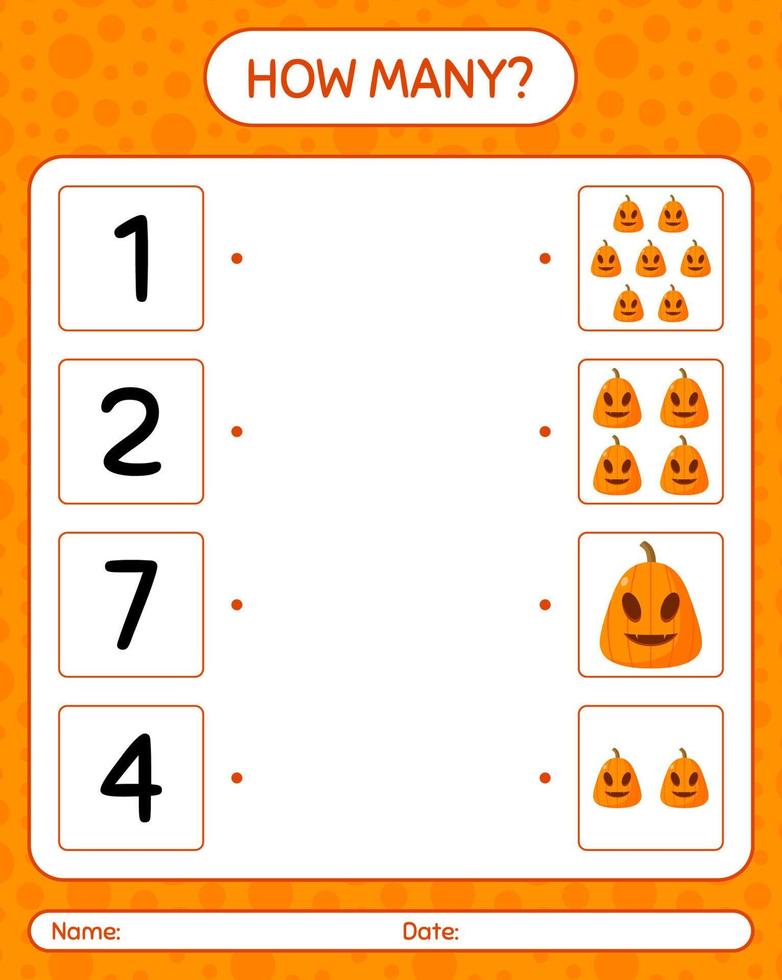 How many counting game with jack o' lantern. worksheet for preschool kids, kids activity sheet vector