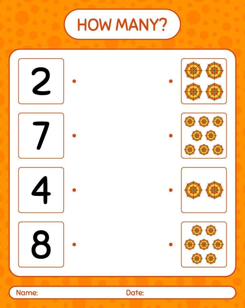 How many counting game with spider web. worksheet for preschool kids, kids activity sheet vector