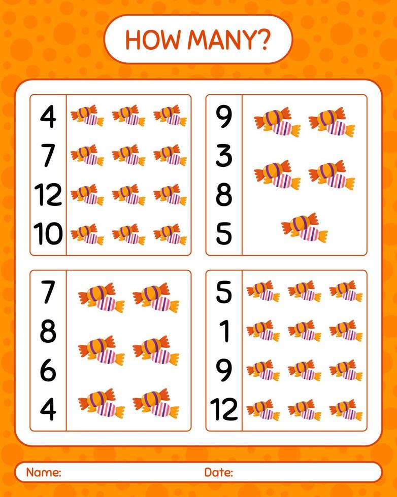 How many counting game with candy. worksheet for preschool kids, kids activity sheet vector