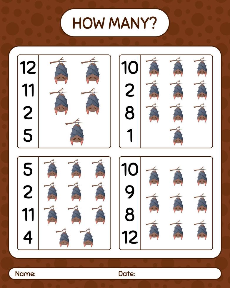 How many counting game with bat. worksheet for preschool kids, kids activity sheet vector