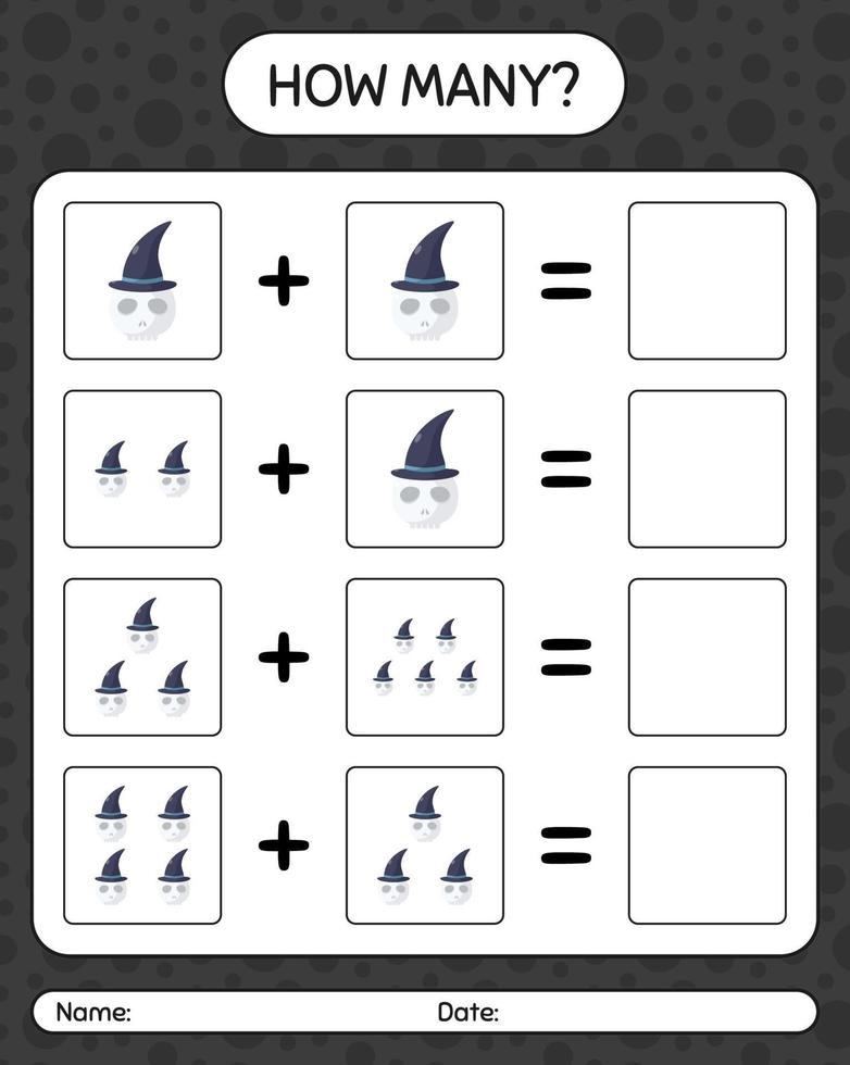 How many counting game with skull. worksheet for preschool kids, kids activity sheet vector