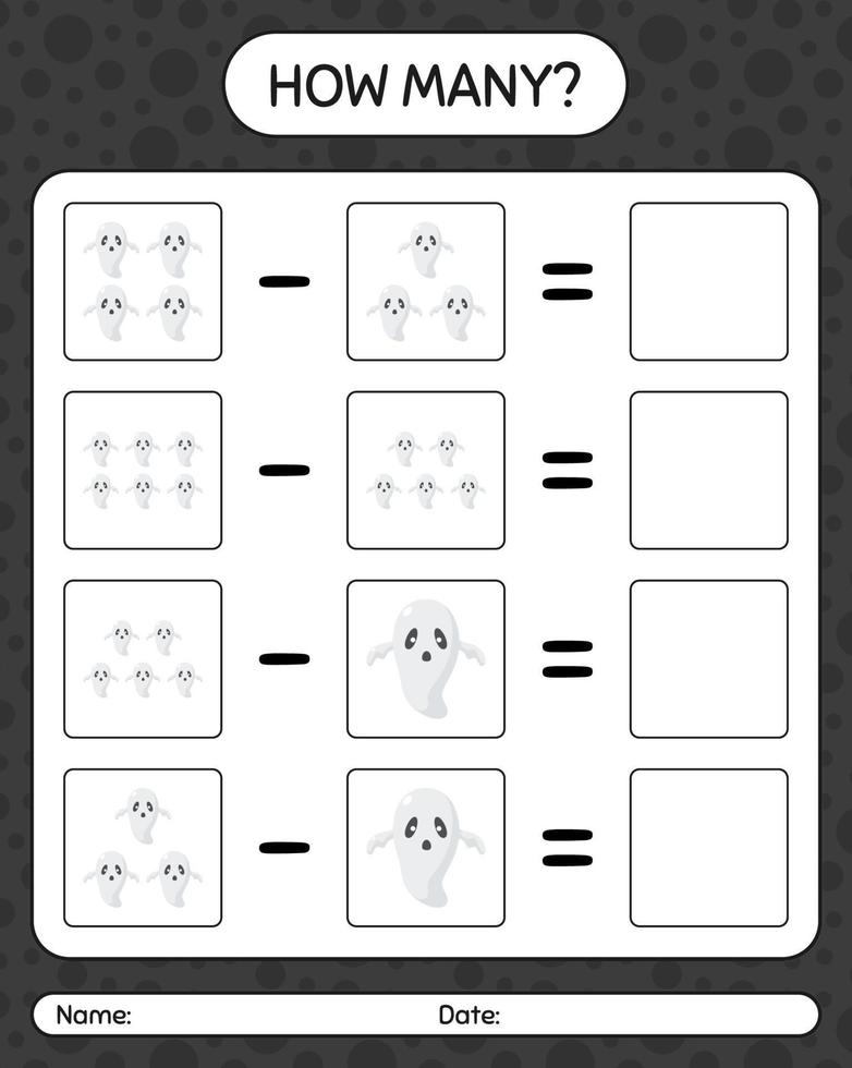 How many counting game with ghost. worksheet for preschool kids, kids activity sheet vector