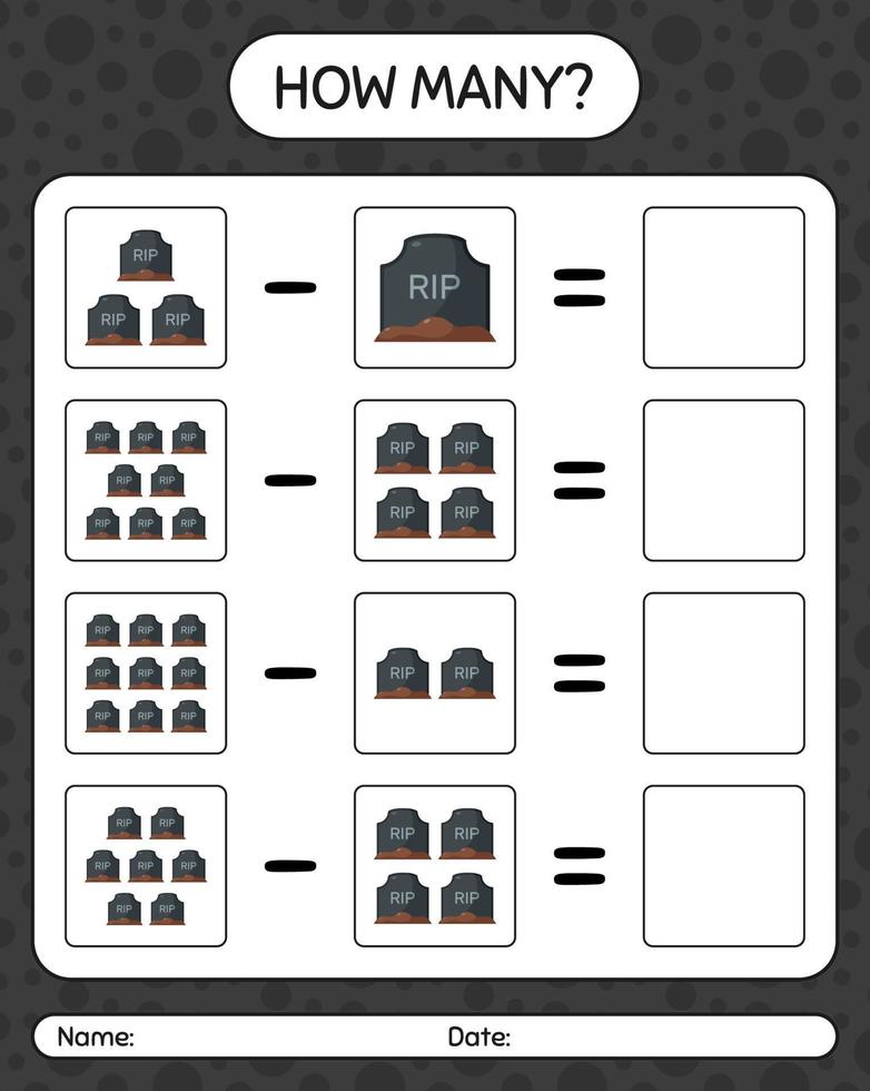 How many counting game with tombstone. worksheet for preschool kids, kids activity sheet vector