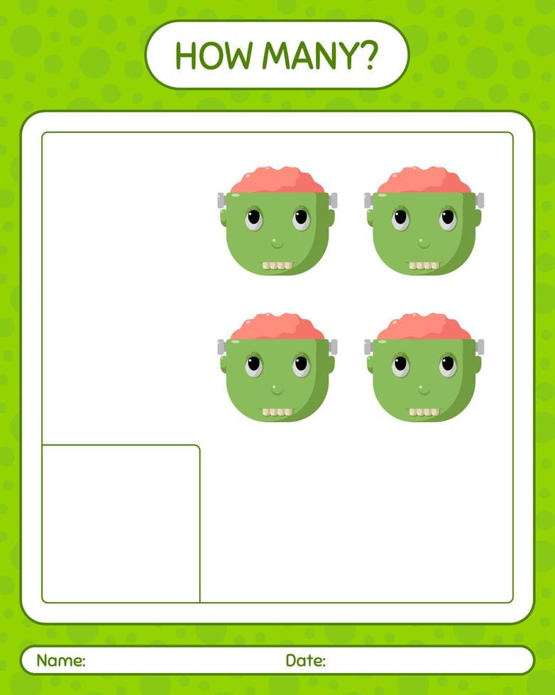 How many counting game with frankenstein. worksheet for preschool kids, kids activity sheet vector