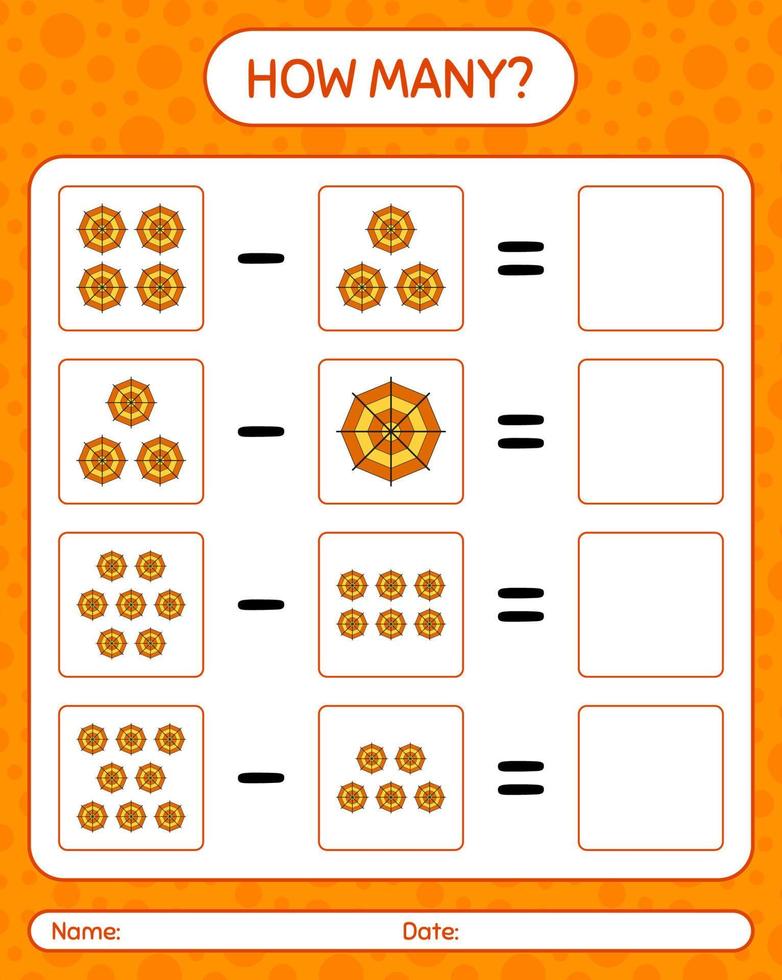 How many counting game with spider web. worksheet for preschool kids, kids activity sheet vector