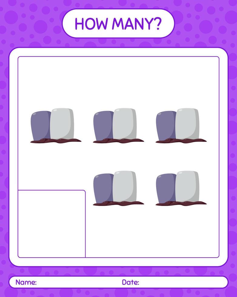 How many counting game with tombstone. worksheet for preschool kids, kids activity sheet vector