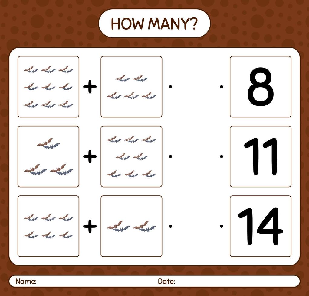 How many counting game with bat. worksheet for preschool kids, kids activity sheet vector