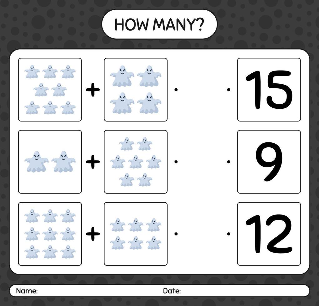 How many counting game with ghost. worksheet for preschool kids, kids activity sheet vector