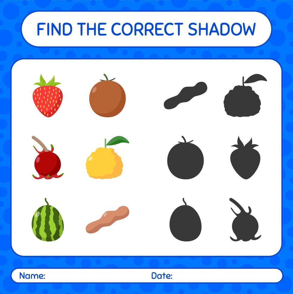 Find the correct shadows game with fruits. worksheet for preschool kids, kids activity sheet vector