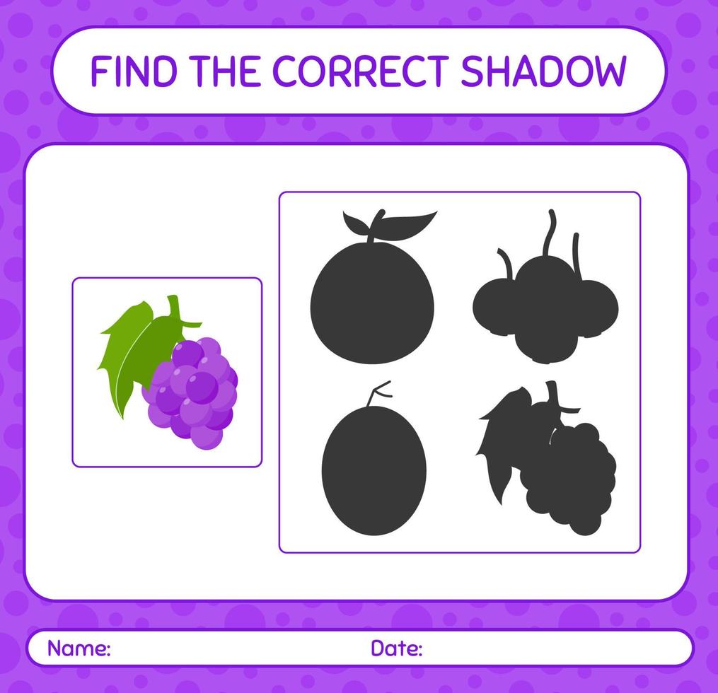 Find the correct shadows game with grape. worksheet for preschool kids, kids activity sheet vector