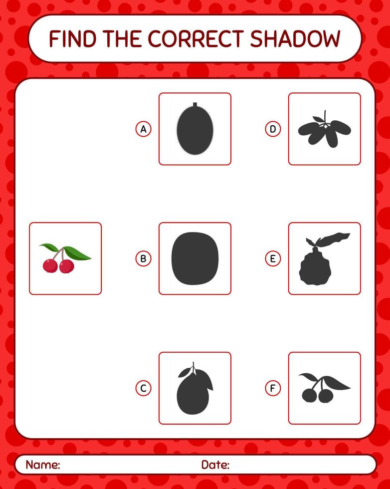 Find the correct shadows game with indian prune. worksheet for preschool kids, kids activity sheet vector