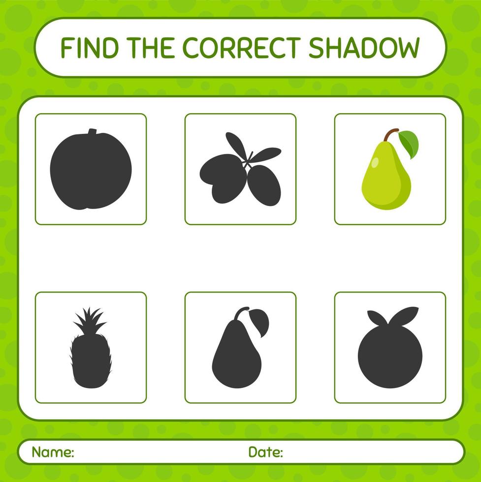 Find the correct shadows game with pear. worksheet for preschool kids, kids activity sheet vector