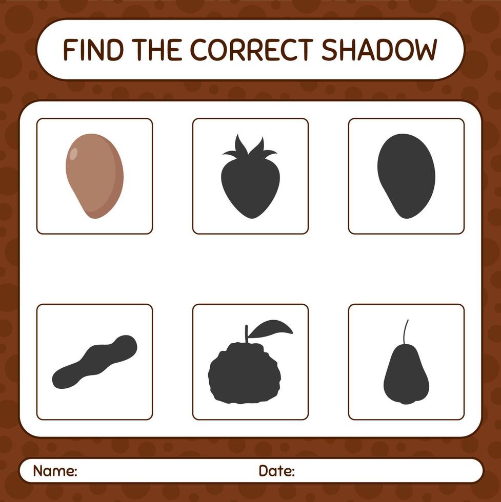 Find the correct shadows game with sapote. worksheet for preschool kids, kids activity sheet vector