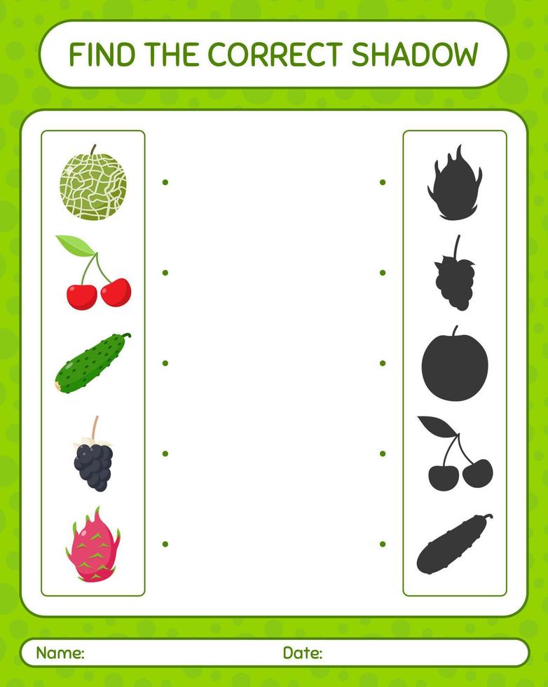 encuentra el juego de sombras correcto con frutas. hoja de trabajo para niños en edad preescolar, hoja de actividades para niños vector