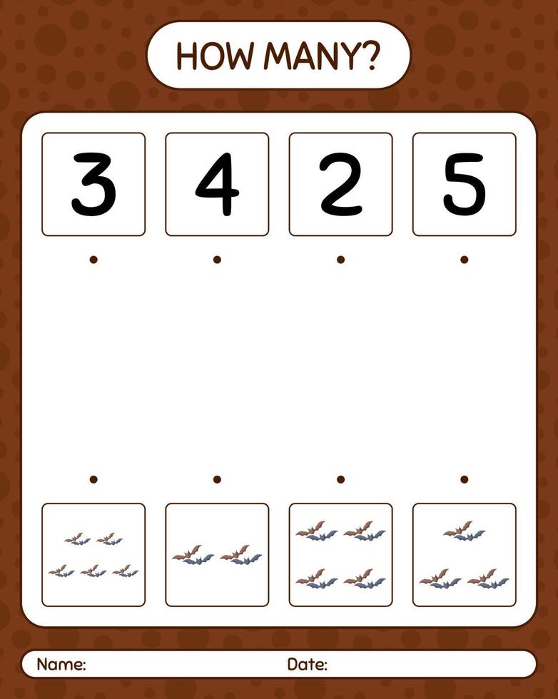 How many counting game with bat. worksheet for preschool kids, kids activity sheet vector