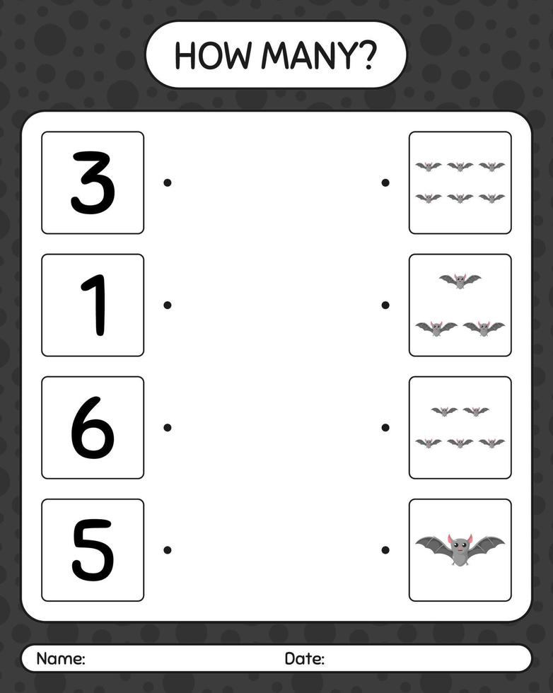 How many counting game with bat. worksheet for preschool kids, kids activity sheet vector
