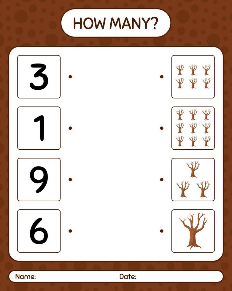 How many counting game with tree. worksheet for preschool kids, kids activity sheet vector