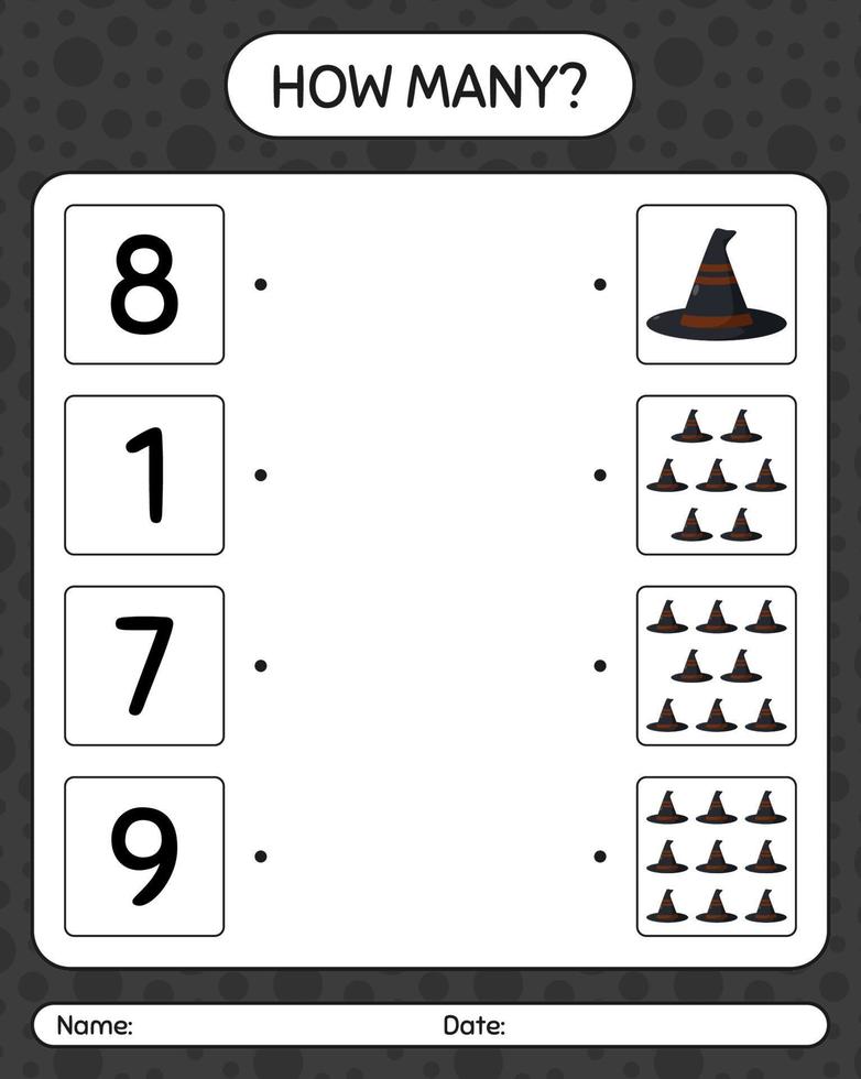 How many counting game with witch's hat. worksheet for preschool kids, kids activity sheet vector