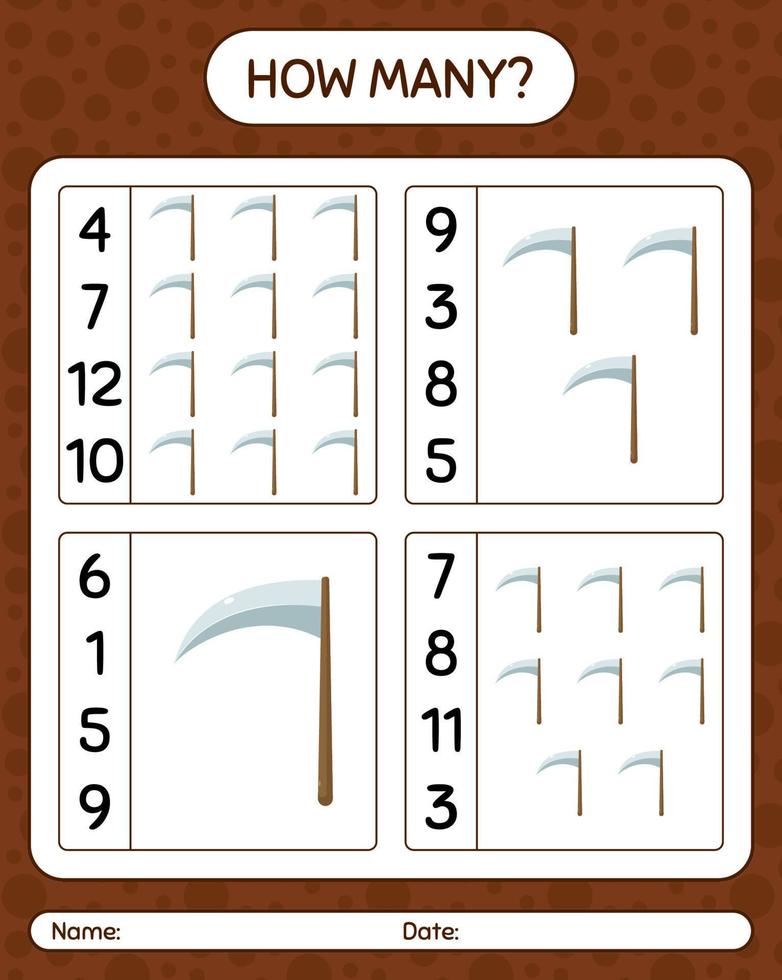 How many counting game with scythe. worksheet for preschool kids, kids activity sheet vector