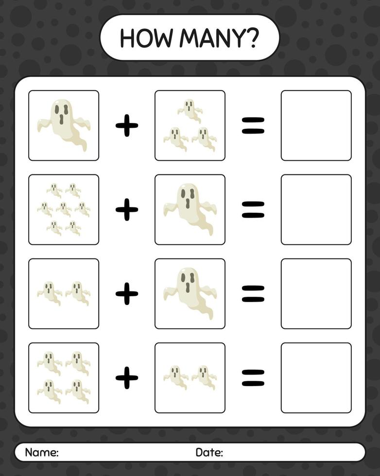How many counting game with ghost. worksheet for preschool kids, kids activity sheet vector