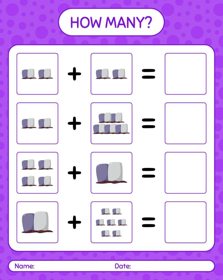 How many counting game with tombstone. worksheet for preschool kids, kids activity sheet vector
