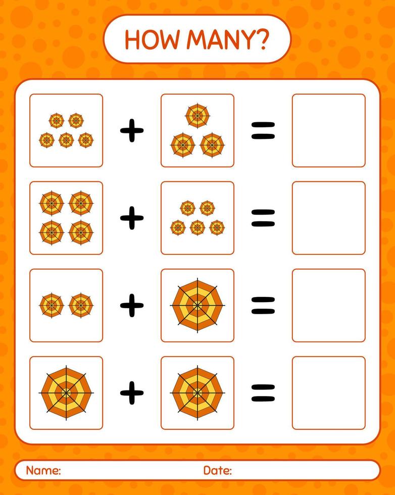 How many counting game with spider web. worksheet for preschool kids, kids activity sheet vector