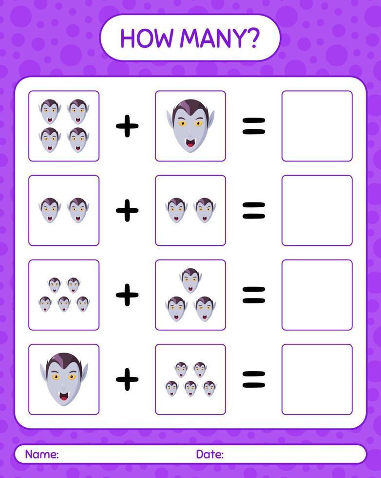 How many counting game with vampire. worksheet for preschool kids, kids activity sheet vector