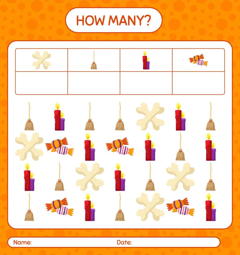 How many counting game with halloween icon. worksheet for preschool kids, kids activity sheet vector
