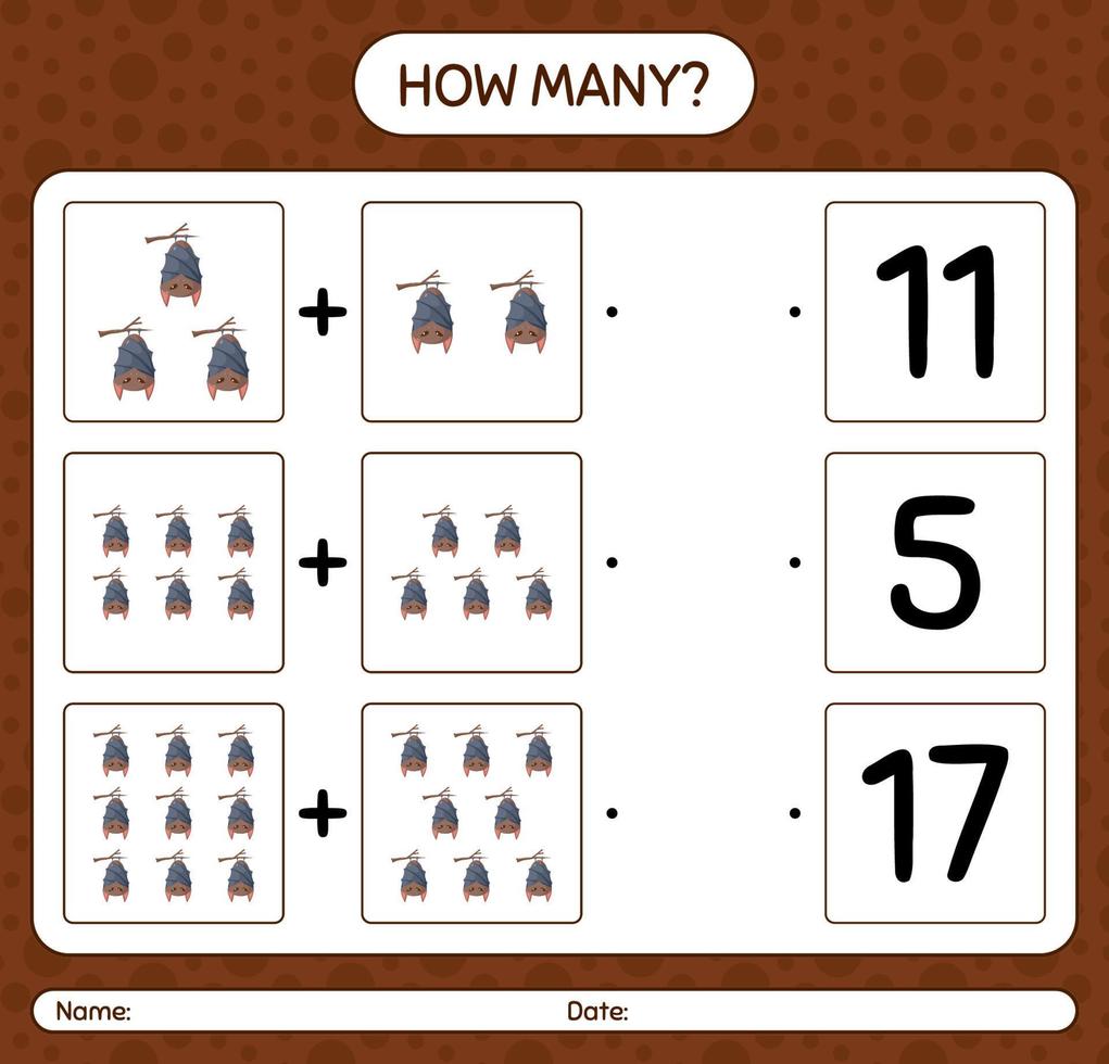 How many counting game with bat. worksheet for preschool kids, kids activity sheet vector