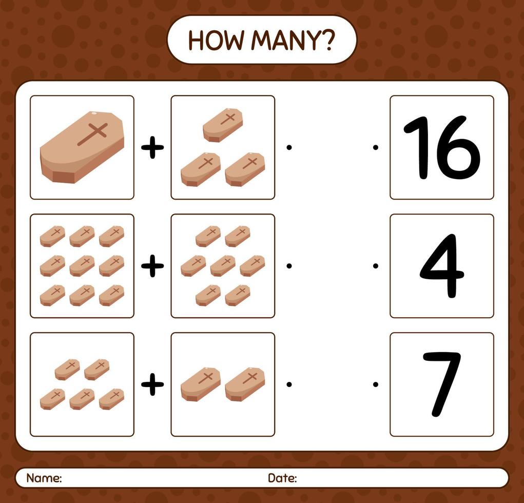 How many counting game with coffin. worksheet for preschool kids, kids activity sheet vector