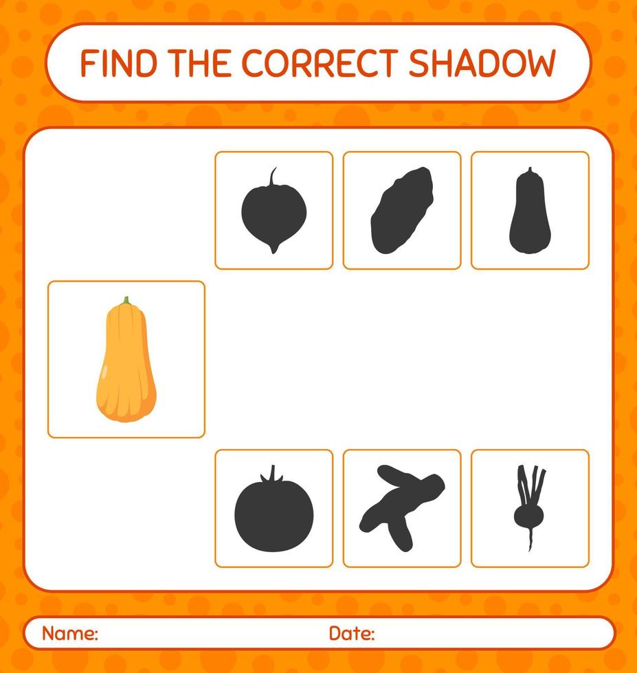 encuentra el juego de sombras correcto con squash. hoja de trabajo para niños en edad preescolar, hoja de actividades para niños vector