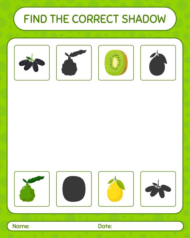 encuentra el juego de sombras correcto con frutas. hoja de trabajo para niños en edad preescolar, hoja de actividades para niños vector