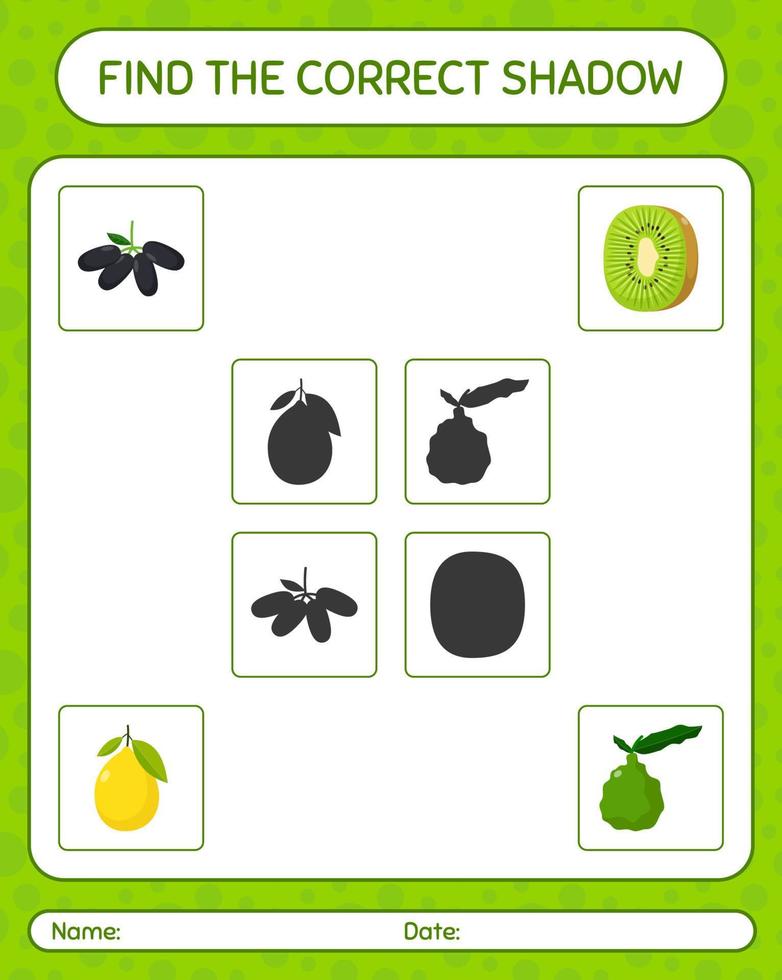 Find the correct shadows game with fruits. worksheet for preschool kids, kids activity sheet vector