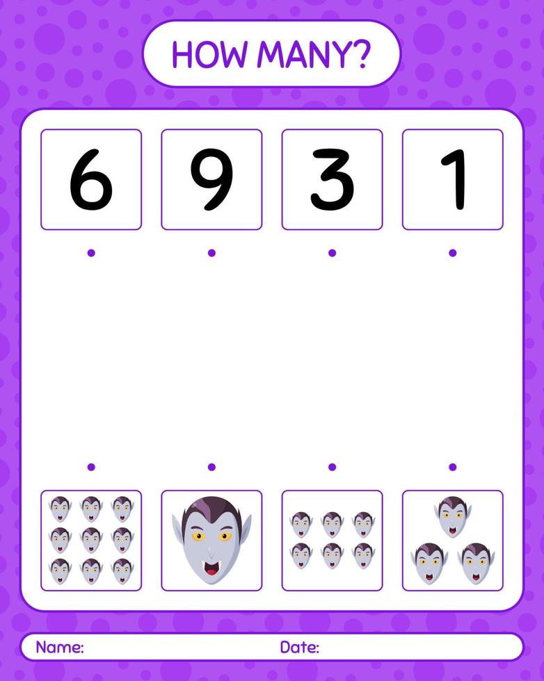 How many counting game with vampire. worksheet for preschool kids, kids activity sheet vector