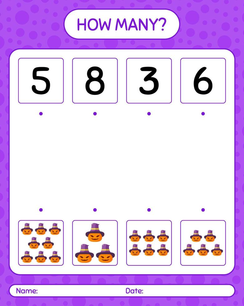 How many counting game with jack o' lantern. worksheet for preschool kids, kids activity sheet vector