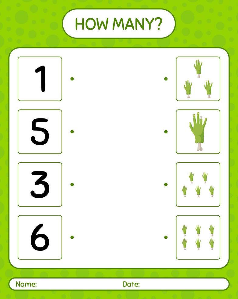 How many counting game with zombie's hand. worksheet for preschool kids, kids activity sheet vector