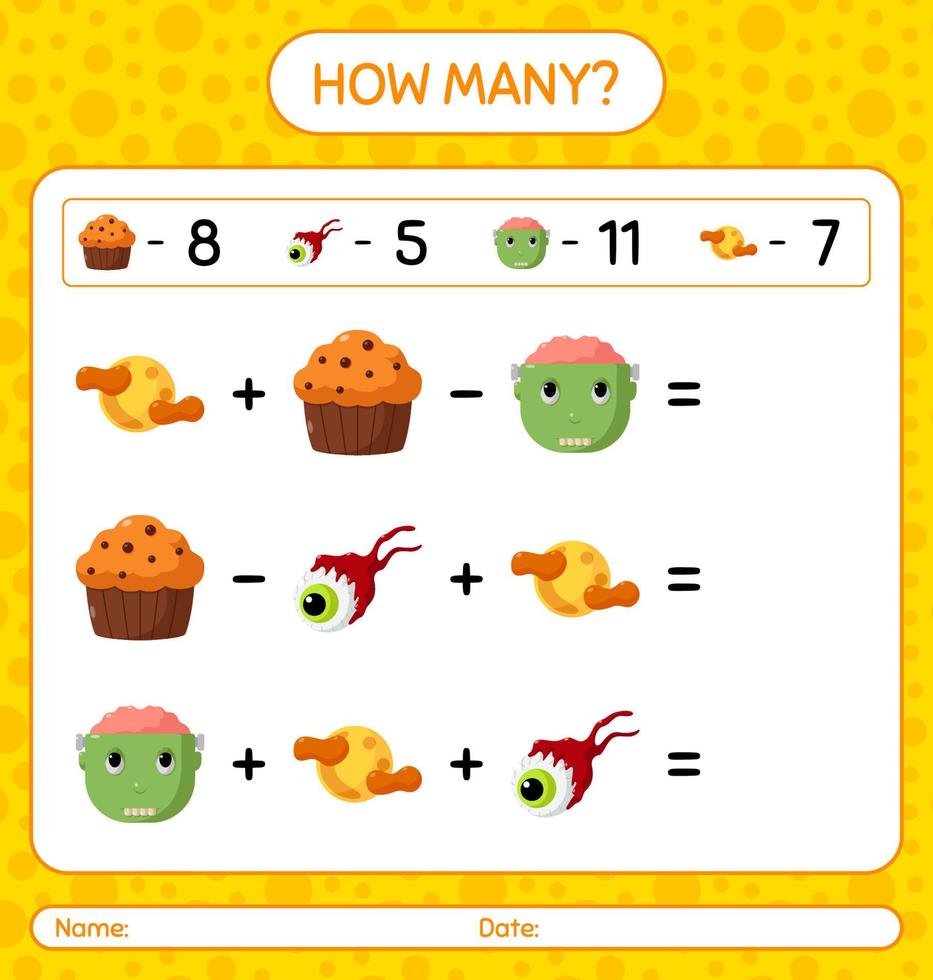 How many counting game with halloween icon. worksheet for preschool kids, kids activity sheet vector