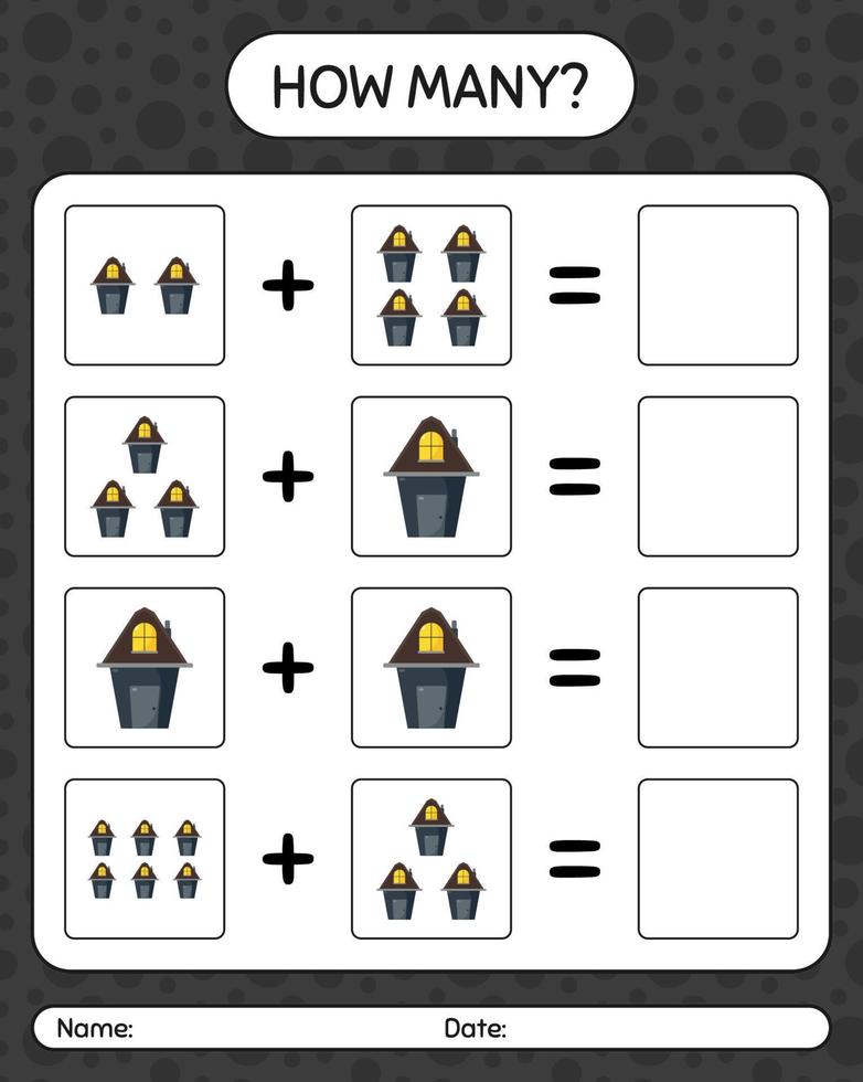 How many counting game with house. worksheet for preschool kids, kids activity sheet vector