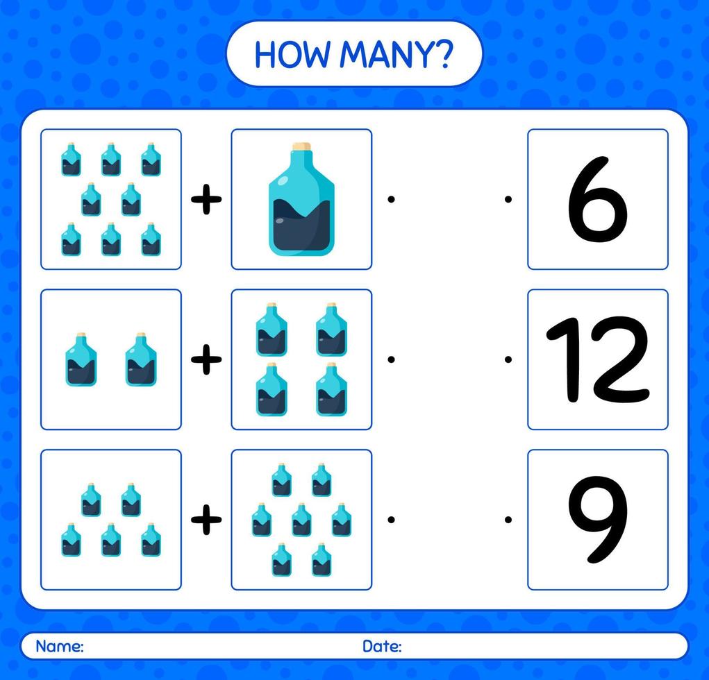 How many counting game with chemistry tube. worksheet for preschool kids, kids activity sheet vector